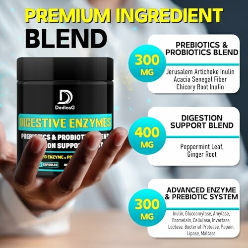 Digestive enzyme supplement with prebiotics and probiotics blend, digestion support blend, and advanced enzyme system.