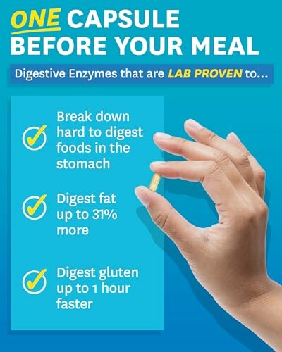 Hand holding capsule with digestive enzyme benefits listed.