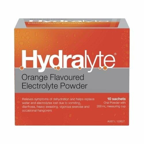 Hydralyte Orange Flavoured Electrolyte Powder box.