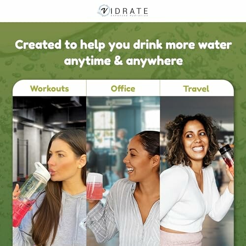 Three women drinking water in different settings: workouts, office, and travel.