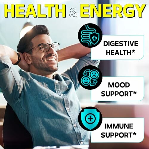 Man smiling with health benefits icons: digestive health, mood support, immune support.