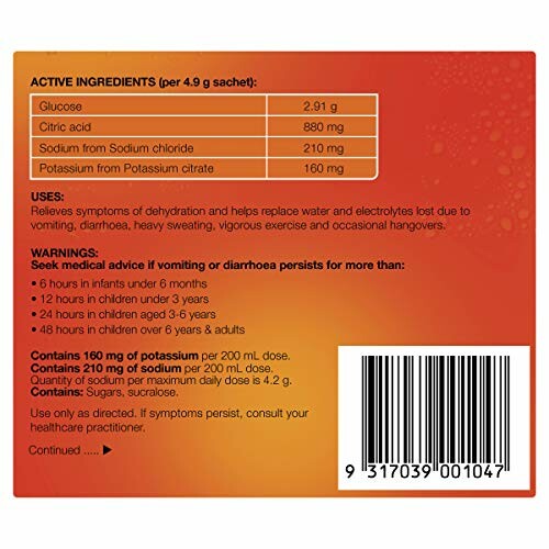 Back of oral rehydration salts packet showing ingredients and warnings.