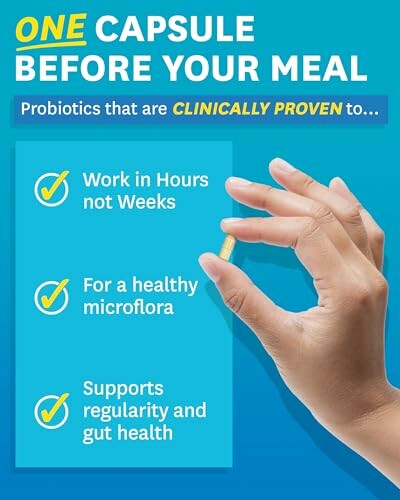Hand holding probiotic capsule; benefits include quick action, healthy microflora, and gut health support.
