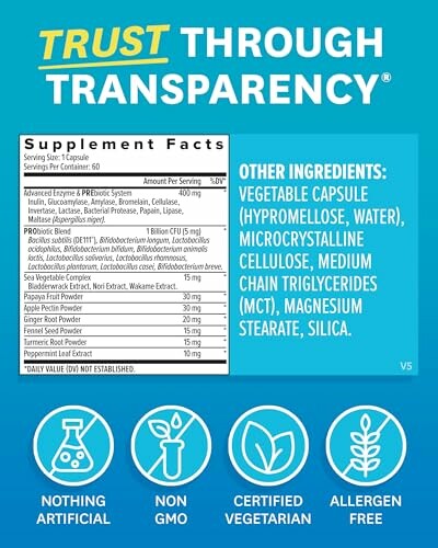 Supplement facts with trust through transparency and icons for nothing artificial, non-GMO, certified vegan, allergen free.
