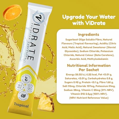 ViDrate Tropical sachet with nutritional information.